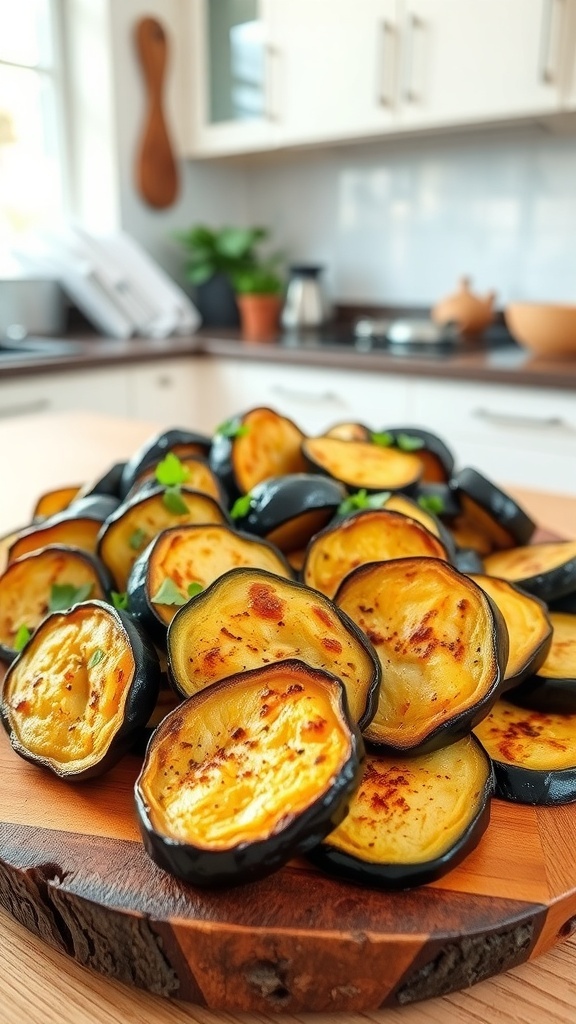 Roasted eggplant slices on a wooden platter, garnished with herbs, in a cozy kitchen setting.